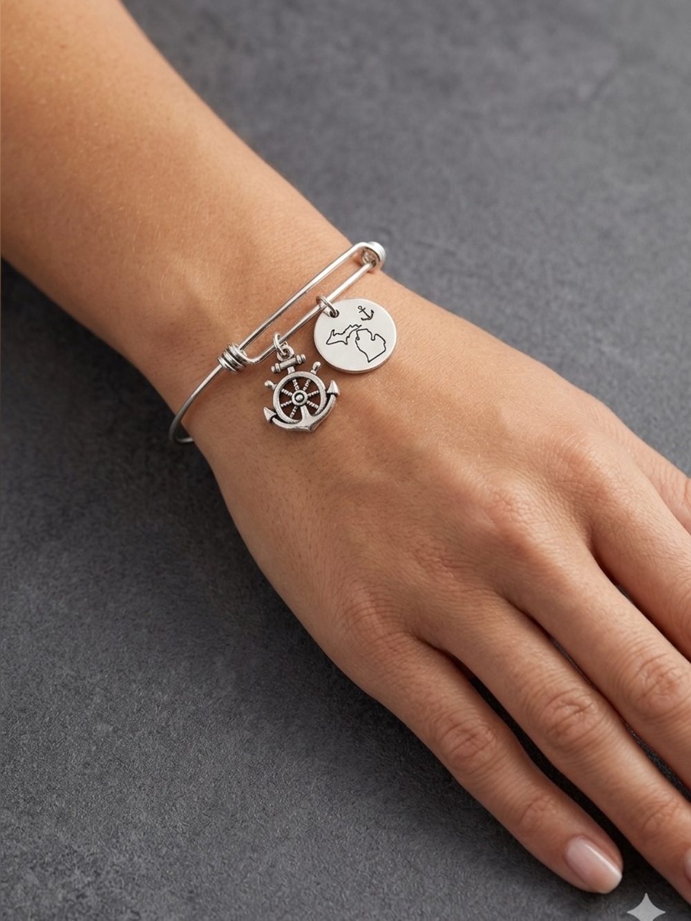 Silver Nautical Charm Anchor Michigan Bangle Bracelet